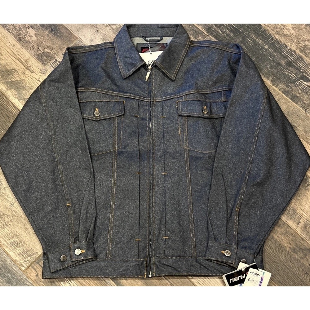 New FUBU Metallic Blue Denim Full Zip Trucker‎ Jacket F59085MW Cotton Size XXL